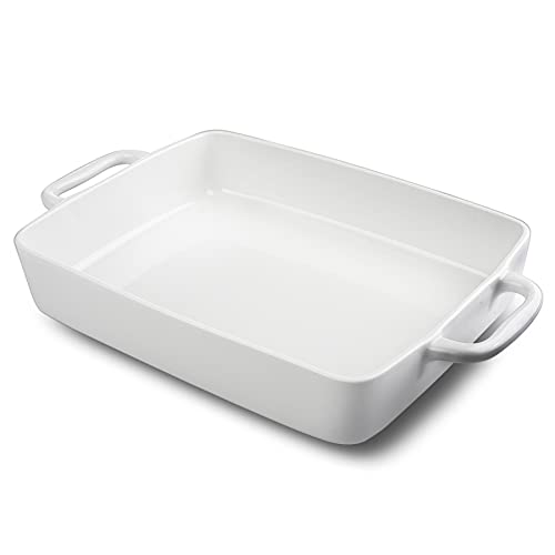 Livfodrm 9 x13 Baking Dish Ceramic Lasagna Pan for Oven, Large Bakeware Tray Rectangular Casserole Dishes with Double Handle for Cooking and Daily Use -White