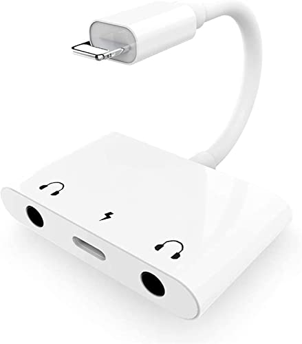 UWECAN 3 in 1 Dual 3.5mm Headphone Jack Adapter - Earphone Jack Audio and Charging Adapter - Headphone Splitter for Phone 14/ 13/ 12/ 11/ X/ 8/ 8plus/ 7/ 7plus/ iPad -Support iOS 15- White