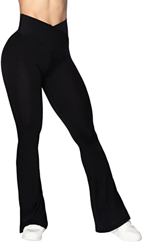 Sunzel Flare Leggings, Crossover Yoga Pants with Tummy Control, High-Waisted and Wide Leg, 30' Inseam, Black Large