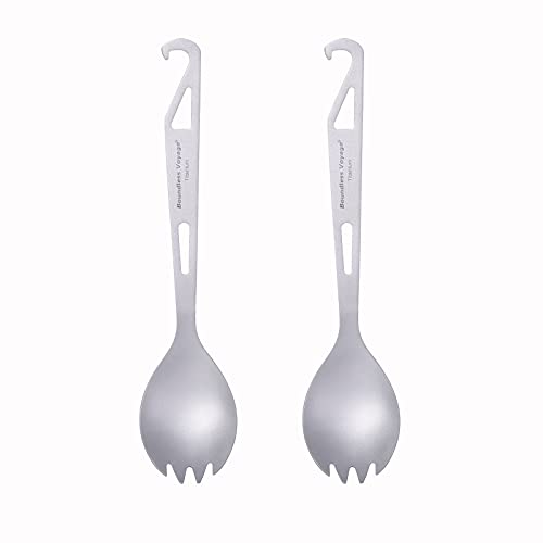 iBasingo 3 IN 1 Titanium Spork with Beverage Bottle Opener Outdoor Camping Cutlery Picnic Flatware Polished Spoon Travel Utensils with Drawstring bag (2pcs Ti1058T)