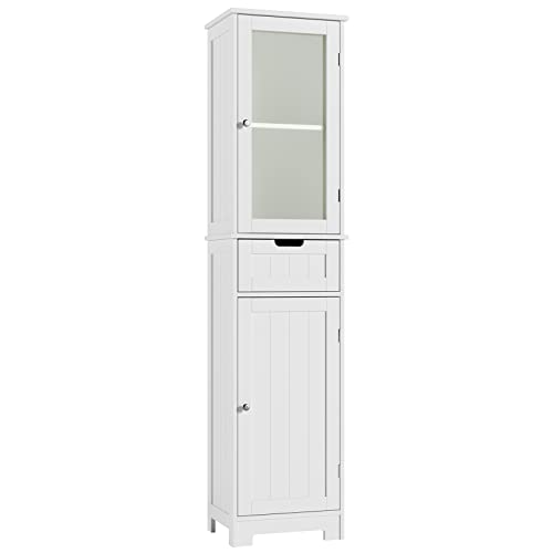 HORSTORS Bathroom Storage Cabinet with 2 Doors & 1 Drawer, Floor Freestanding Narrow Tall Cabinet with Adjustable Shelves for Living Room, Bedroom, White