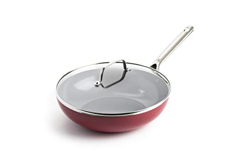 Red Volcano Textured Ceramic Nonstick, 11' Flat Bottom Wok Stir-Fry Pan with Lid for High Heat Cooking, Oven & Broiler Safe to 600 Degrees, Dishwasher Safe, PFAS PFOA & PTFE Free, Red