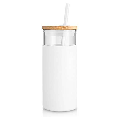 tronco 20oz Glass Tumbler Glass Water Bottle Straw Silicone Protective Sleeve Bamboo Lid - BPA Free （White）