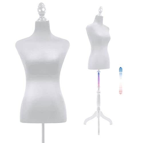 Mannequin Body Female,Dress Form Sewing Mannequin Torso with Stand 50-63 inch Portable Adjustable Mannequin for Clothes Display Sewing Wooden Tripod Base,White