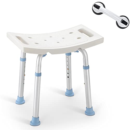 OasisSpace Shower Chair, Adjustable Bath Stool with Free Assist Grab Bar - Medical Tool Free Anti-Slip Bench Bathtub Stool Seat with Durable Aluminum Legs for Elderly, Senior, Handicap & Disabled