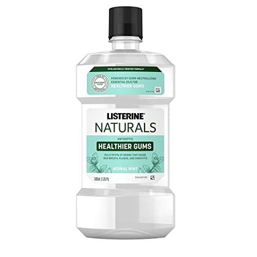Listerine Naturals Healthier Gums Antiseptic Mouthwash, Fluoride-Free Oral Rinse to Help Prevent Bad Breath, Plaque Build-Up, Gingivitis & Gum Disease, Herbal Mint, 500 mL