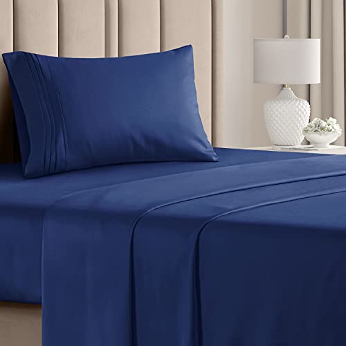 Twin Size Sheet Set - Breathable & Cooling Sheets - Hotel Luxury Bed Sheets - Extra Soft - Deep Pockets - Easy Fit - 3 Piece - Wrinkle Free - Comfy – Navy Blue Bed Sheets – Twins Royal Sheets - 3 PC