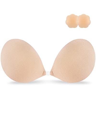 Niidor Adhesive Bra Strapless Sticky Invisible Push up Silicone Bra for Backless Dress with Nipple Covers Nude(B Cup)