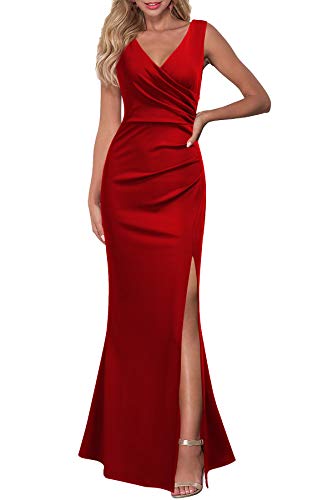 WOOSEA Women Sleeveless V Neck Split Evening Cocktail Long Dress Red