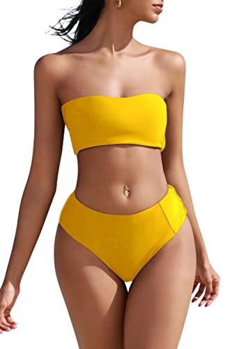 ZAFUL Women's High Cut Bandeau Bikini Set Strapless Solid Color 2 Pieces Bathing Suit Swimsuit (0-Yellow,M)
