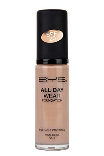 BYS All Day Wear Liquid Foundation True Beige - flawless base lasts all day no cake or flake buildable coverage Argan Oil antioxidant Vitamin E Peptides Vitamin C Hyaluronic Acid
