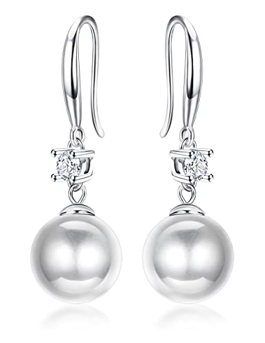Milacolato 925 Sterling Silver Dangle Pearl Earrings for Women 18k White Gold Plated Pearl Drop Earrings with Cubic Zirconia Large Pearl Earrings