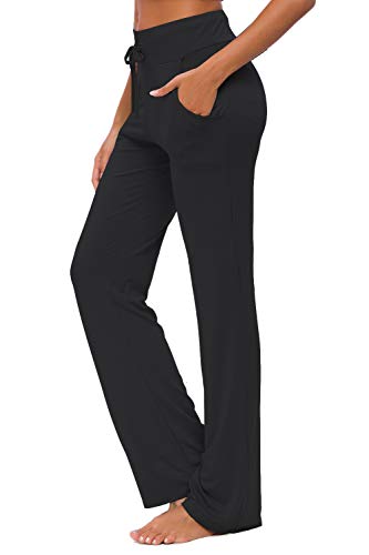 Womens Yoga Pants with Pockets Straight-Leg Loose Comfy Modal Drawstring Lounge Running Long Active Casual Sweatpants Workout Black