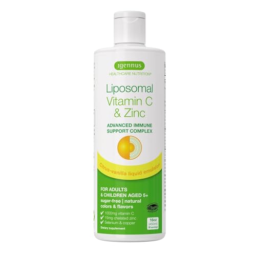 High Absorption Liposomal Vitamin C 1000mg & Zinc Bisglycinate by Igennus, Advanced Liquid Immune Support, USA Made & Non-GMO, Sugar-Free, Zesty Citrus & Vanilla Flavor, 30 Servings