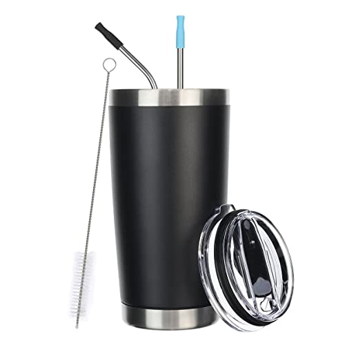 QIMUKKX 20oz Tumbler with Lid and Straw, Stainless Steel Vacuum Insulated Travel Coffee Mug, Travel Cups with Lids and Straws for Adults, Tumblers for Car, Black