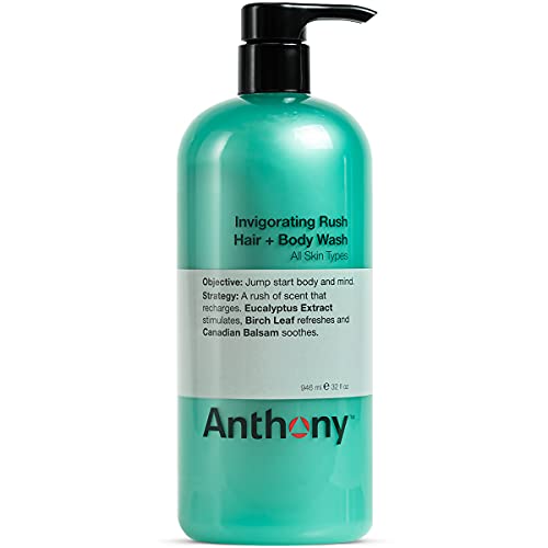 Anthony Mens Body Wash and Shampoo: Invigorating Rush 2-In-1 Liquid Gel Soap & Hair Shampoo – Pine Wood Scent Contains Eucalyptus Extract, Canadian Balsam & Birch Leaf 32 Fl. Oz