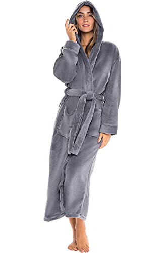 Alexander Del Rossa Women’s Robe, Plush Fleece Hooded Bathrobe with Two Large Front Pockets and Tie Closure, Steel Gray, Small-Medium