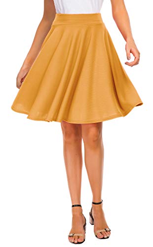 EXCHIC Women's Casual Stretchy Flared Mini Skater Skirt Basic A-Line Pleated Midi Skirt (L, Turmeric)