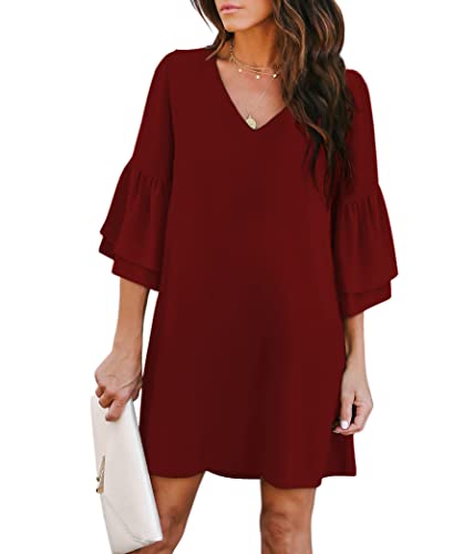 BELONGSCI Women's Dress Sweet & Cute V-Neck Bell Sleeve Shift Dress Mini Dress Wine Red