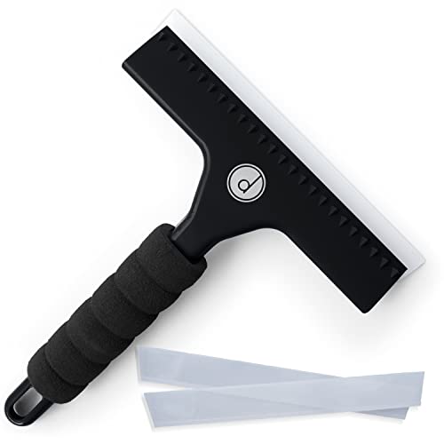 Squeegee for Shower Door, Car Windshield, and Glass Window - 2 Extra Silicone Replacement Blades - Foam Handle - Black