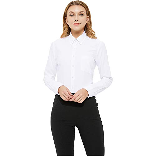 MGWDT Button Down Shirt Women Long Sleeve Blouse Oxford Shirt Classic-Fit Cotton Tops Wrinkle Resistant Small White