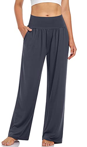 UEU Women's Wide Leg Comfy Yoga Pants High Waisted Casual Loose Fit Ladies Sweatpants Lounge Sports Athletic Pants with Pockets(Darkgray,L)