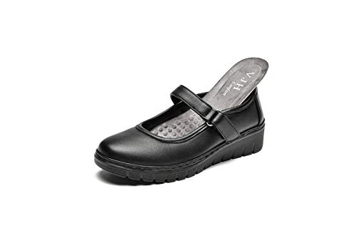 VJH confort Women’s Mary Jane Flats,Comfort Round Toe Slip-on Orthotic Low Wedge Walking Shoes (Black,8)