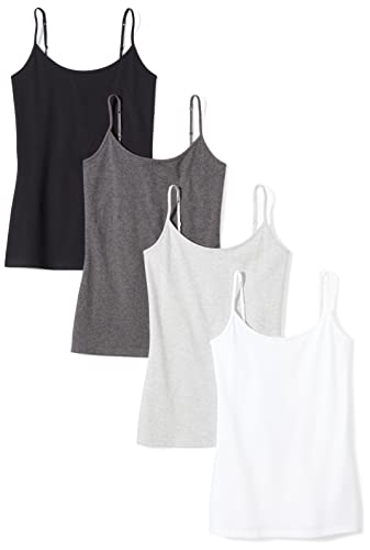 Amazon Essentials Women's Slim-Fit Camisole (Available in Plus Size), Pack of 4, Black/Charcoal Heather/Light Grey Heather/White, Medium
