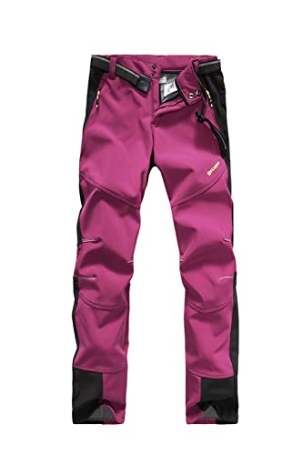 Tofern Women Pants Outdoor Softshell Fleece Lined, Hiking Ski Snowboard Cargo Pants, Waterproof Women's Pants with Zip Belt Purple
