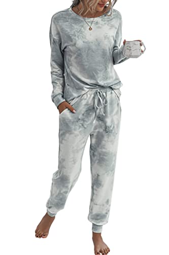 PRETTYGARDEN Women's Tie Dye Two Piece Tracksuit Set Long Sleeve Sweatshirt with Long Pants (Grey,Medium)