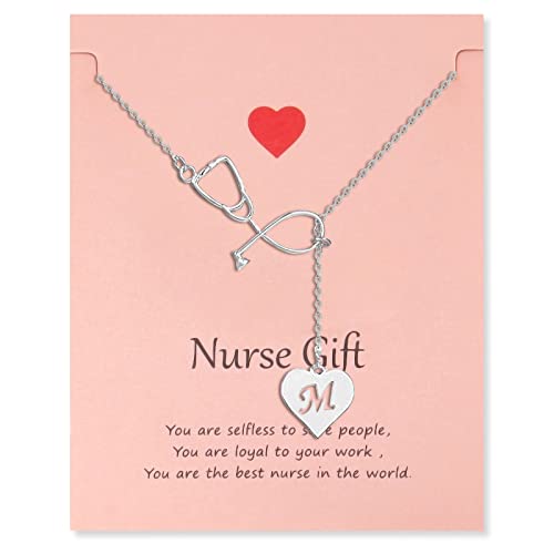 Dcfywl731 Nurse Gifts for Women Silver Stethoscope Nurse Necklace Heart Initial Pendant Necklace Letter Necklace for Doctors and Nurses