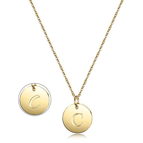Jinbaoying Initial Necklace, 14K Gold Plated Letter Necklace Round Disc Double Side Engraved Hammered Name Pendant Necklace with Adjustable Chain Pendant Enhancers (Gold: C)