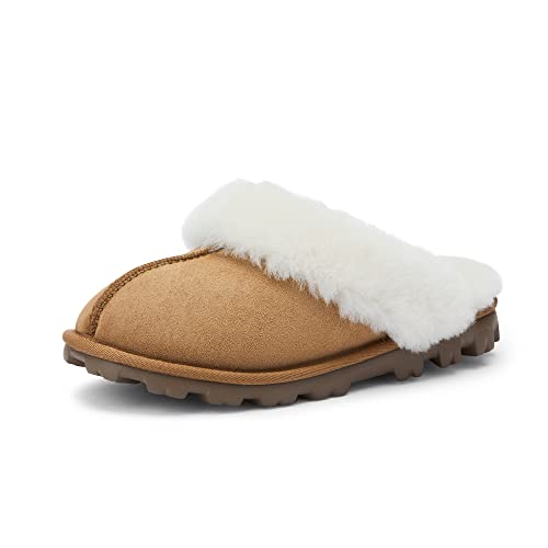 WaySoft Genuine Australian Sheepskin Women Slippers, Water-Resistant Warm and Fluffy Outdoor House Slippers for Women (8, Chestnut, numeric_8)