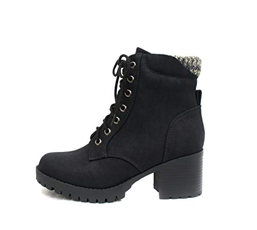 Soda Single Lug Sole Chunky Heel Combat Ankle Boot Lace up w/Side Zipper (8, Black (Nubuck))