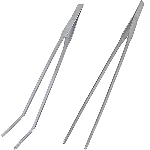 2 Pcs Feeding Tongs, Aquarium Tweezers Stainless Steel Straight and Curved Tweezers Set 27cm/10.6 inches Aquascaping Tools for Hold Worms, Reptiles, Lizards, Bearded Dragon (Silver)