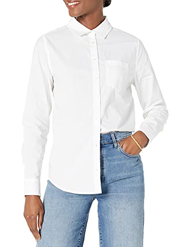 Amazon Essentials Women's Classic-Fit Long-Sleeve Button-Down Poplin Shirt, White, Medium