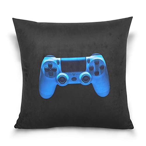 Video Game Joystick Gamepad in Blue Neon Lights Isolated on Black Square Pillowcase Cushion Cover, Soft Breathable Bed Pillow Case Cover for Couch Home Sofa Bedroom Office Car Decor 18x18 inches