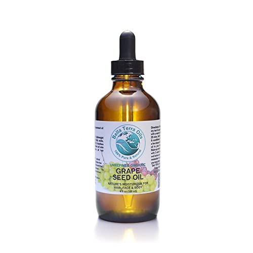 Grape Seed Oil 4 oz 100% Pure Cold-pressed Unrefined Organic Hexane-free Natural Moisturizer for Skin Hair. Non-comedogenic. Great for sensitive, acne-prone skin. Fast-absorbing. Bella Terra Oils