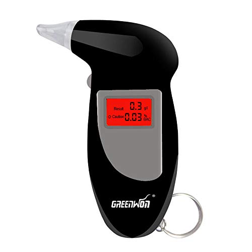 GREENWON Battery Powered Breathalyzer Keychain Digital Alcohol Tester Detector Breath Analyzer Audible Alert Portable with LCD Display and Replacement Mouthpiece Personal Use G/Black