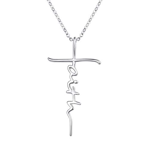 PRAYMOS Sterling Silver Faith Cross Necklace for Women Dainty Necklace Mothers Day Gifts 18in Silver Chain and 2in Adjustable Extender (B-faith)…