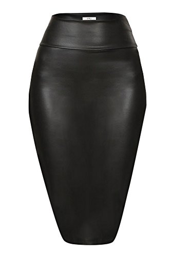 Simlu Faux Leather Pencil Skirt Below Knee Length Skirt Midi Bodycon Skirt Womens, USA Black Large