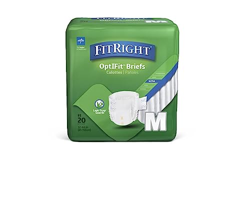 FitRight Ultra Adult Diapers, Disposable Incontinence Briefs with Tabs, Heavy Absorbency, Medium, 32'-42', 4 packs of 20 (80 total)