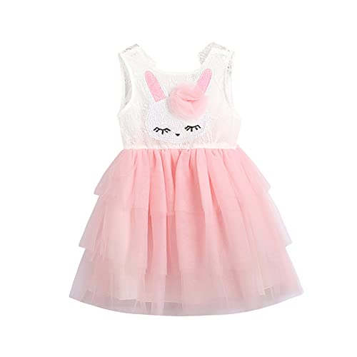 Kids Toddler Baby Girl Easter Outfits Bunny Sleeveless Dress Lace Tutu Skirt One Piece Mesh Summer Princess Sundress (Pink, 3-4T)