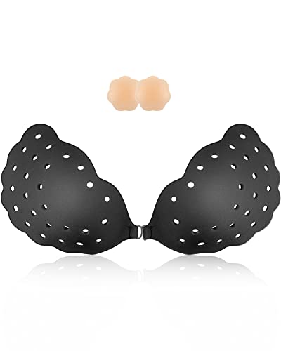 Niidor Sticky Bra, Breathable Strapless Bra Adhesive Push Up Backless Bras for Women（Black-A）