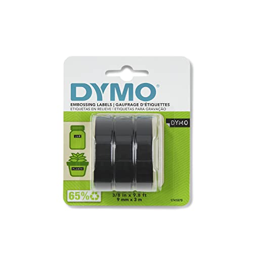 DYMO 3D Plastic Embossing Labels for Embossing Label Makers, White Print on Black, 3/8'' x 9.8', 3-roll Pack (1741670)