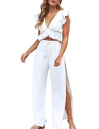 FANCYINN Womens White Two Pieces Outfits Deep V Neck Crop Top Side Slit Drawstring Wide Leg Pants Set Jumpsuits M