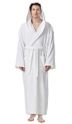 Arus Men's Hooded Classic Bathrobe Turkish Cotton Robe with Full Length Options, White Small-Medium