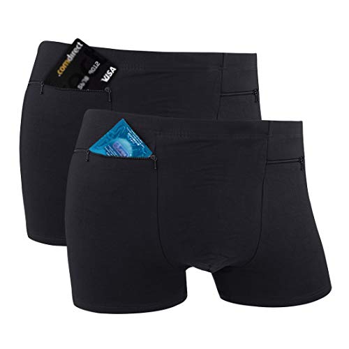 H&R Pocket Underwear for Men with Secret Hidden Pocket, Travel Stash Boxer Brief, Medium Size 2 Packs (Black)