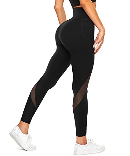 TrainingGirl Mesh Leggings for Women High Waisted Yoga Pants Workout Running Printed Leggings Gym Sports Tights with Pockets (Black, Medium)