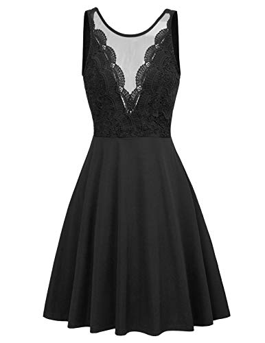 Women Lace Patchwork Sexy See Through Front A-Line Flare Party Dress S Black